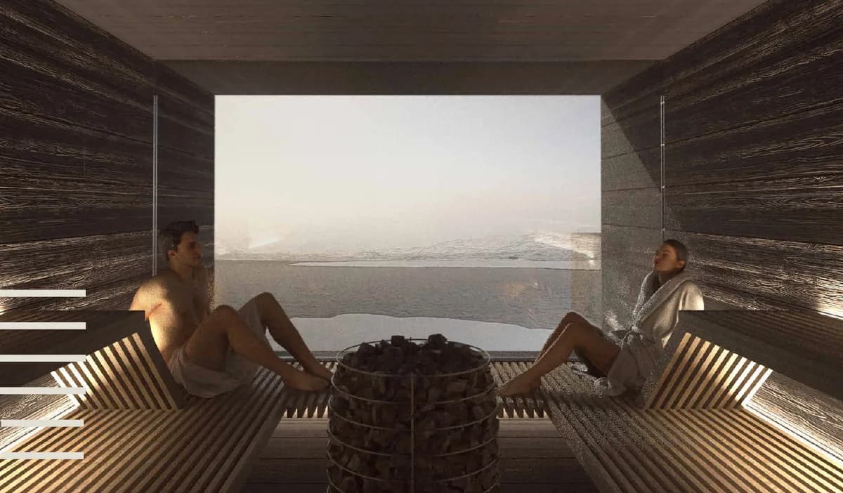 Interiør i Horisontti sauna i Vadsø med panoramavindu og utsikt mot Varangerfjorden