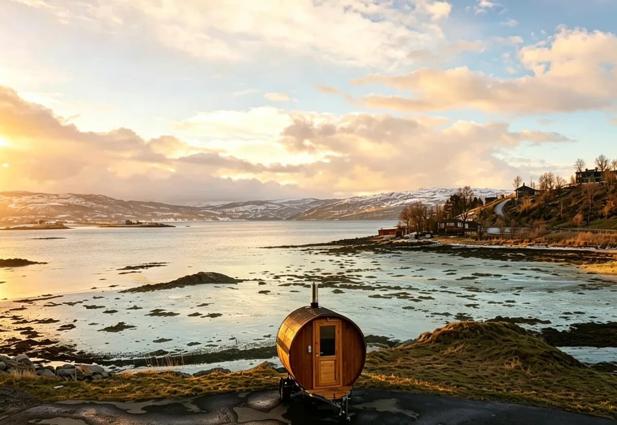Askeladden tønnebadstue på tilhengar ved Vågsfjorden i Harstad med snødekte fjell og solnedgang