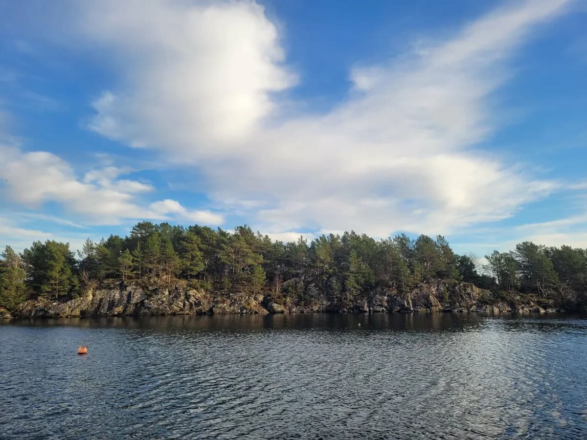 Sauna Sjelero – utsikt Utsikt frå kanalen mot skogkledd svaberg, med ei bøye i sjøen