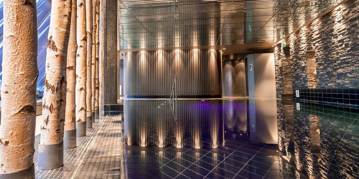 Spa-interiør med naturstein og bjørkestammer hos Artesia Spa, Grand Hotel Oslo