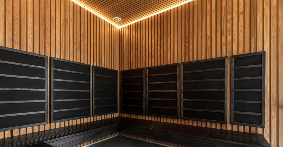 Badstue med trepanel og mørke benker i Skien Fritidspark spa