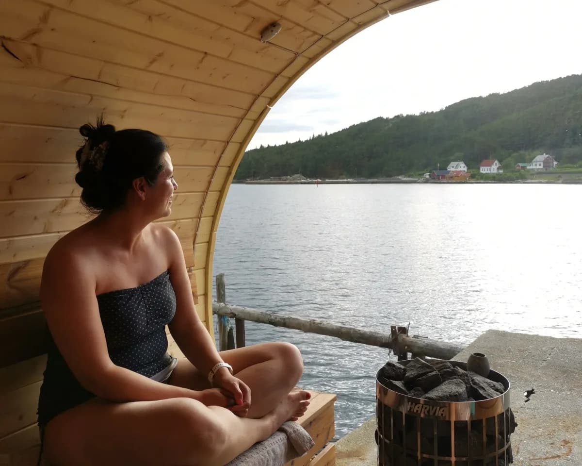 Innvendig i Flyt Sauna Vågsvåg med sjøutsikt og Harvia saunaovn
